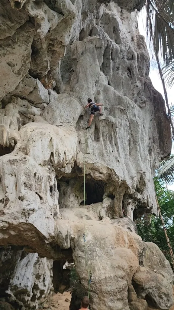 A girl rock climbing on a tall limestone cliff. Another of her from a different angle, focused and calm on the wall.